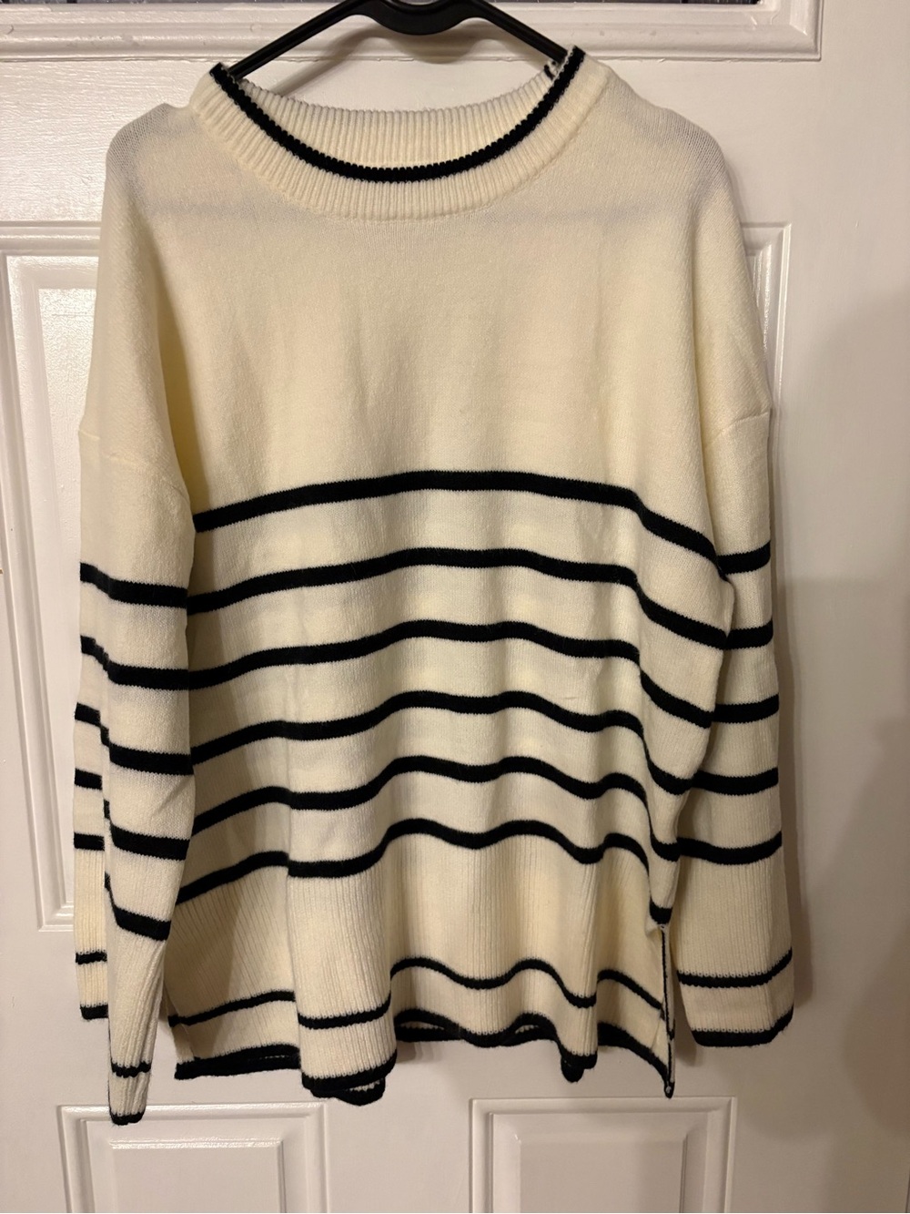 Ivory Crewneck Sweater with Black Stripes - Women's Pullover